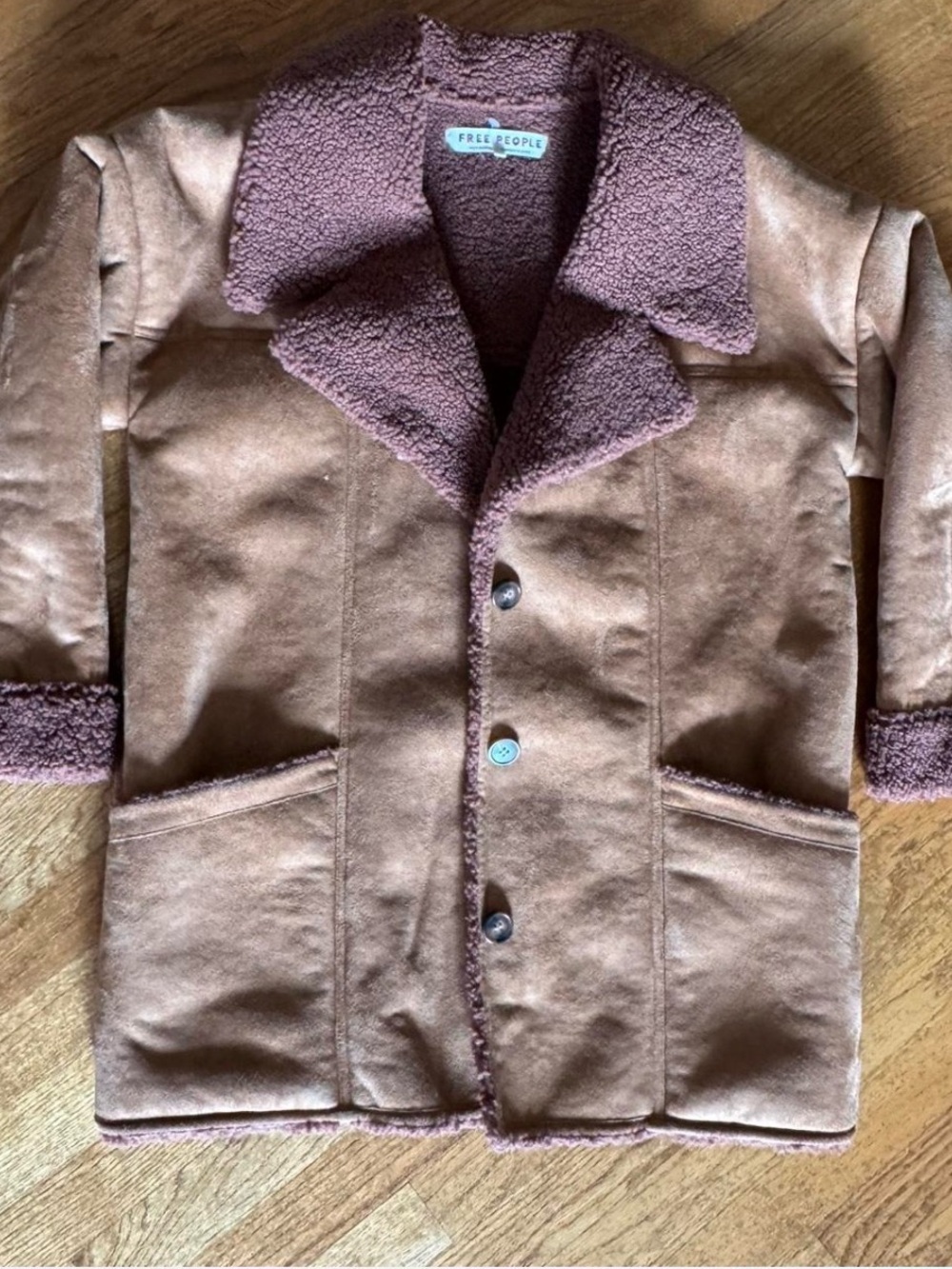 Free People Brown Faux Suede Moto Jacket with Sherpa Trim